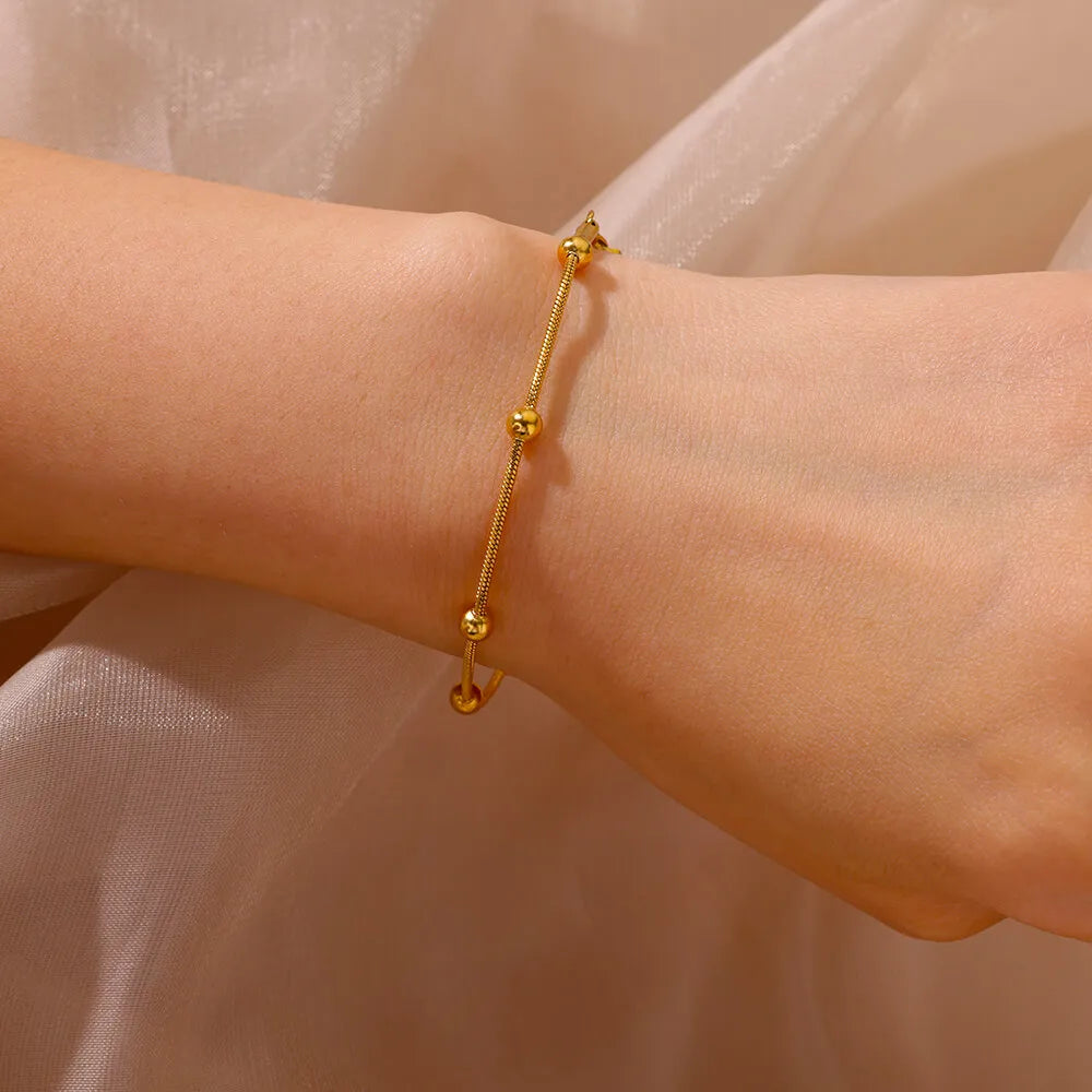 Stainless Steel Beaded Round Snake Chain Bracelets For Women Gold Color Geometric Bracelet Luxury Wedding Party Jewelry Gift
