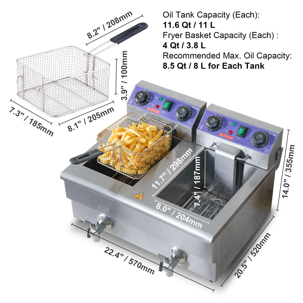 SucceBuy  12L Electric Deep Fryer w/Dual Removable Tanks Commercial Countertop  Fryer for Chicken French Fries Frying Chips