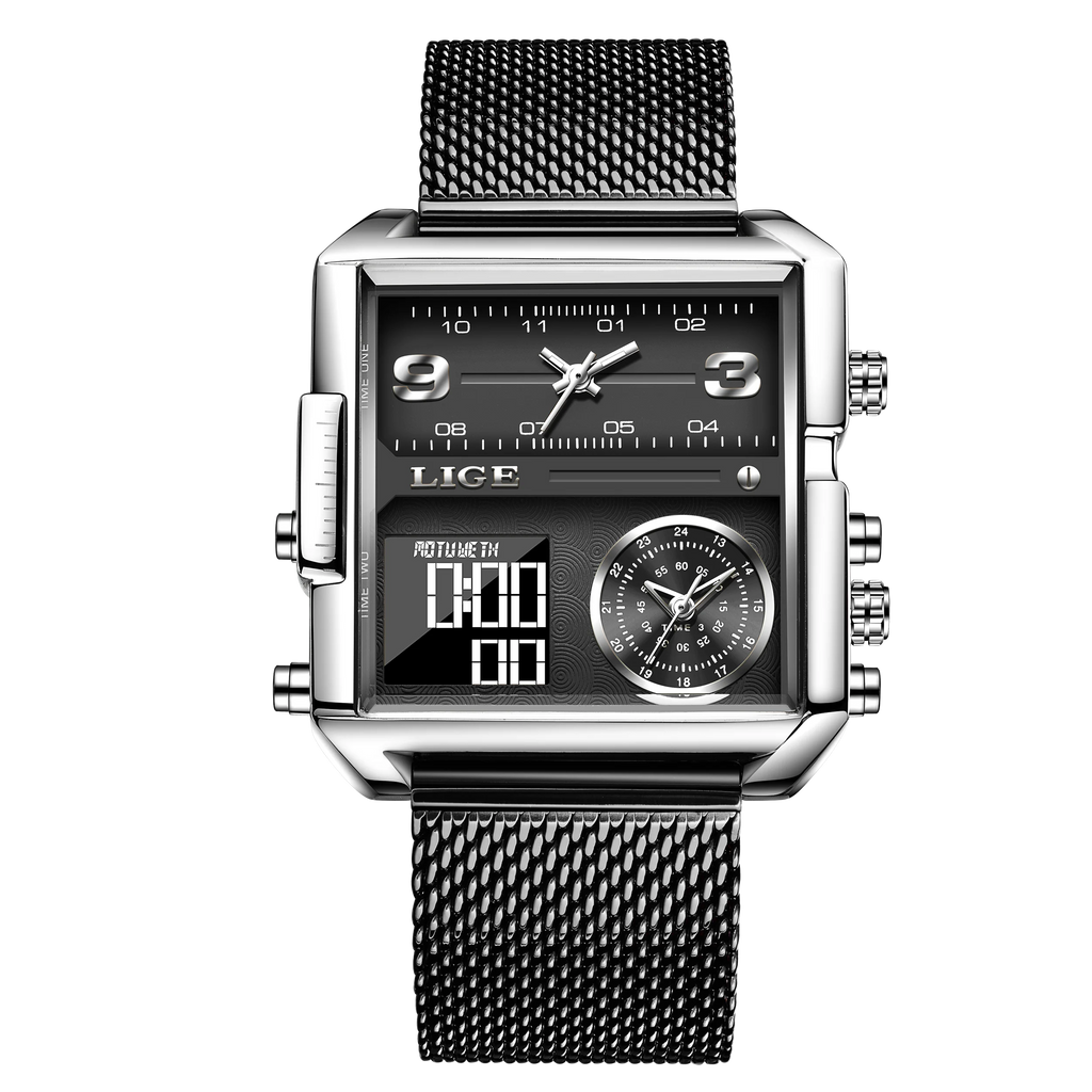 LIGE New Top Brand Luxury Fashion Men Watches Gold Steel Sports Square Digital Analog Big Quartz Watch for Man relogio masculino