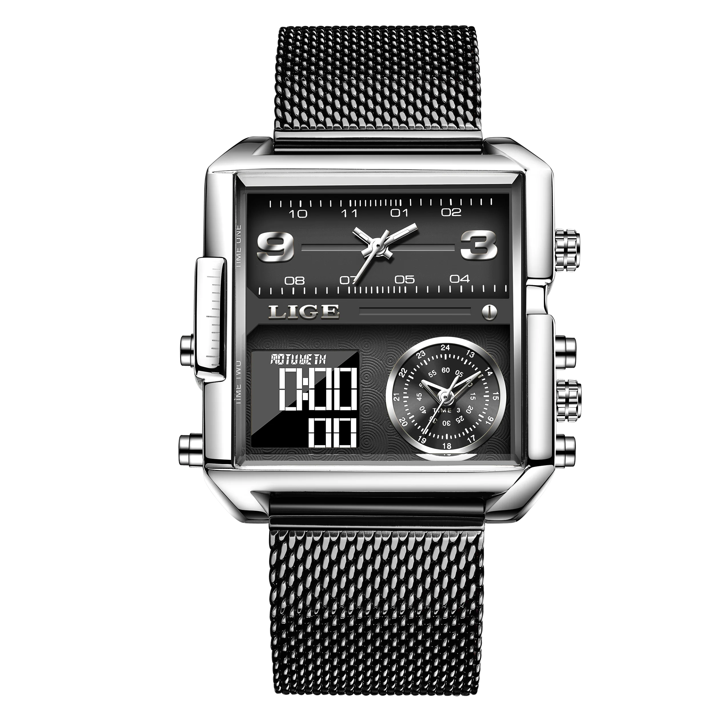 LIGE New Top Brand Luxury Fashion Men Watches Gold Steel Sports Square Digital Analog Big Quartz Watch for Man relogio masculino