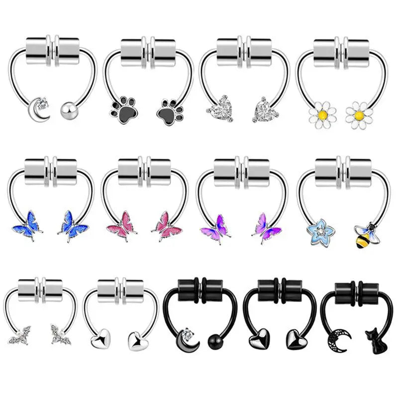 Stainless Steel Magnet Nose Piercing Heart Butterfly Fake Nose Ring 16G Horseshoe Ring Bee Nose Clip Body Jewelry for Piercings