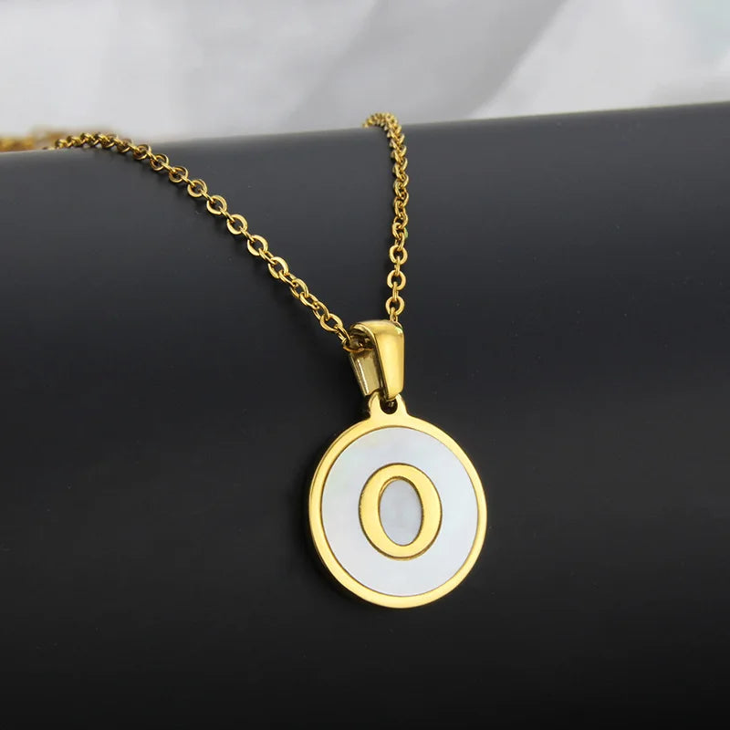 Initial Letter Necklaces for Women Trendy Stainless Steel Circle Couple Pendant Inlaid Shell Jewelry