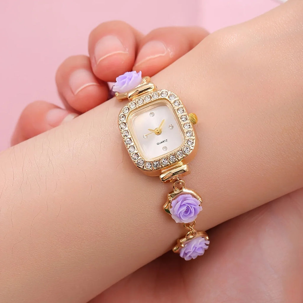 4PCS Elegant Flowers Women Watch Jewelry Set Fashion Rhinestone Square Ladies Quartz Wristwatches Accessories Gifts（Without Box）