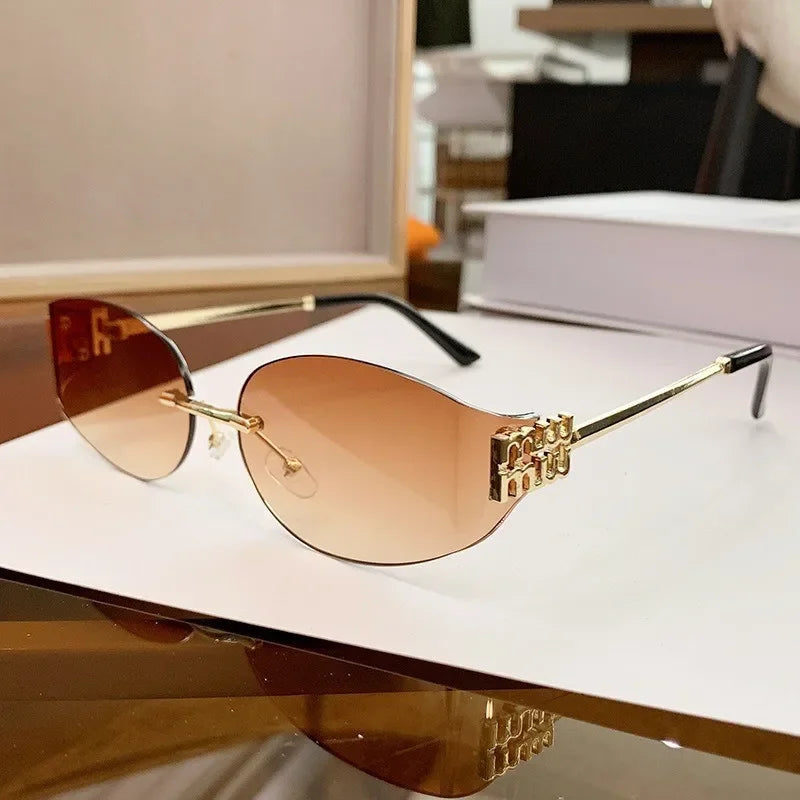 Rimless Oval Sunglasses Women UV400 Oversized Gradient Black Lenses Metal Frame Punk Decorative Glasses Men Goggles Female