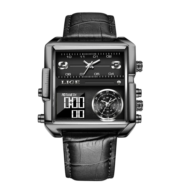 LIGE New Top Brand Luxury Fashion Men Watches Gold Steel Sports Square Digital Analog Big Quartz Watch for Man relogio masculino