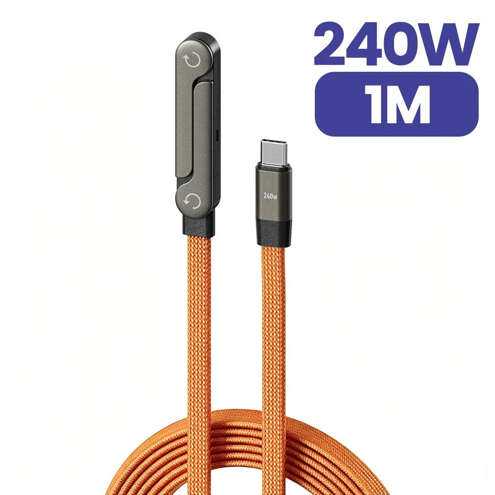 240W 2-in-1 Type C to USB C Fast Charging Data Cable Foldable Phone Holder Type C Fast Charging cabo For iPhone 17 Black/Orange