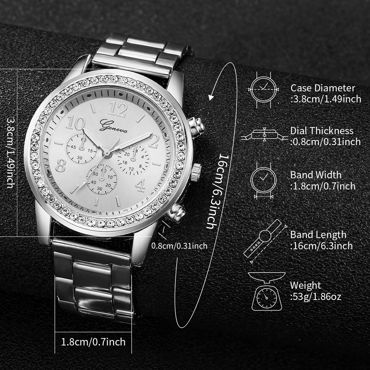 6PCS/Set Women's Watch Fashion Silver Steel Band Analog Quartz Watches Diamond Jewelry Set（Without Box）