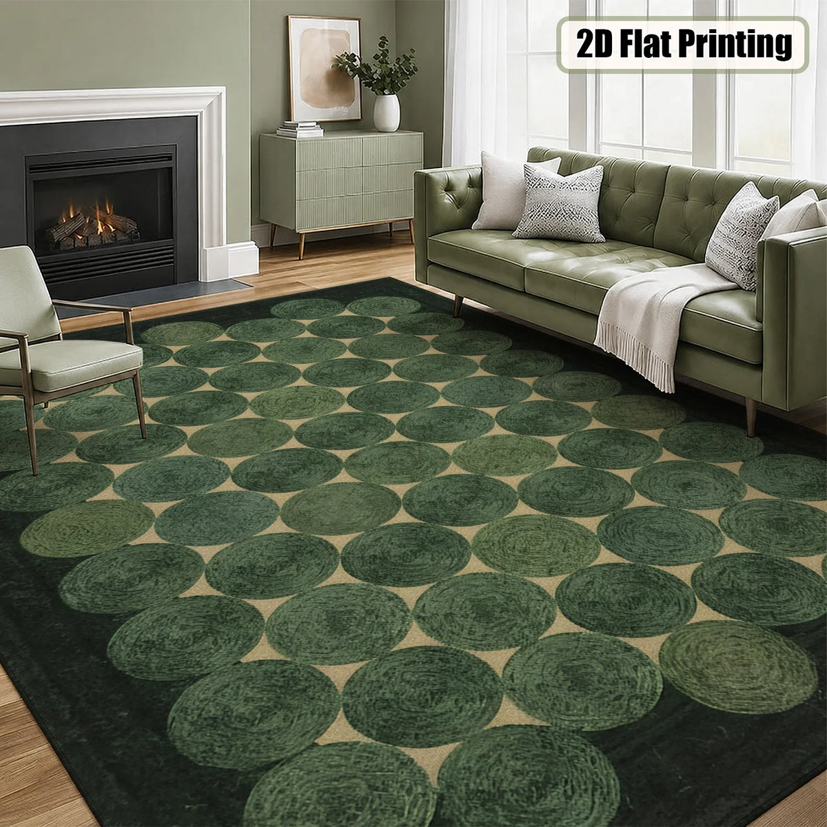Large Indoor Area Rug, Soft Velvet Low Pile Rug with Non-Slip Dotted Backing & Machine Washable, Modern Geometric Moss Green Circle Pattern for Living Room, Bedroom, Entryway