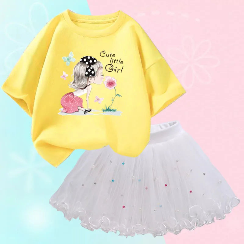 Fashion Summer Girls Outfits Pretty Ballet Dance Girl T-shirt and Tutu Skirt Set for Princess Clothes Suit Children Clothing