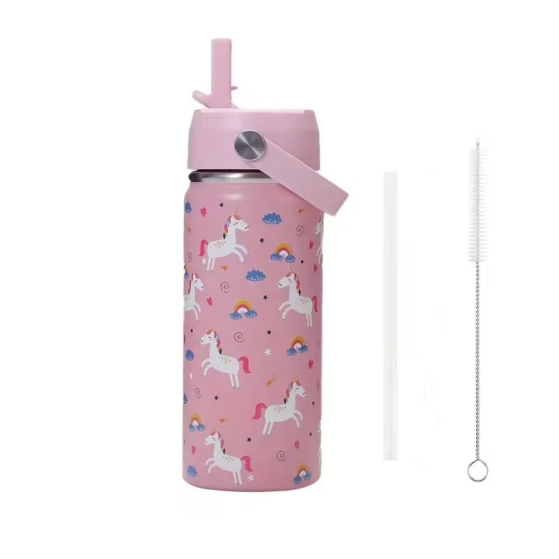 16oz Kids Water Bottle Cartoon Animal Children's Cup With Straw Stainless Steel Vacuum Flacks Thermos Bottle Thermal Mug Cups
