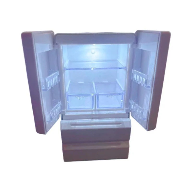 Miniature Refrigerator with Lighting 1:12 Double Door Mini Home Appliance Model Kitchen Scene Playing House Simulation Food Play