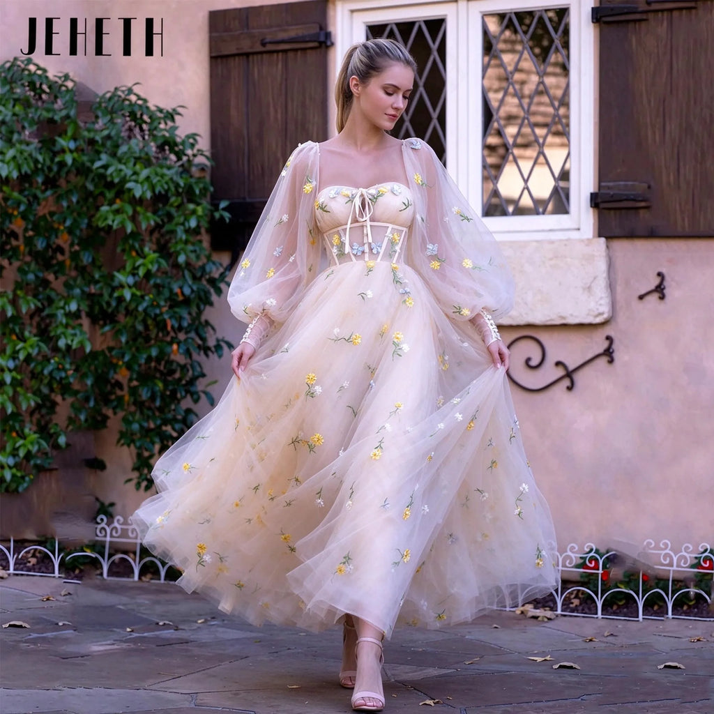 JEHETH Fairy Floral Print Prom Dress Sweetheart Long Puff Sleeves Embroidery Lace A-Line Champagne Evening Gowns Ankle Length