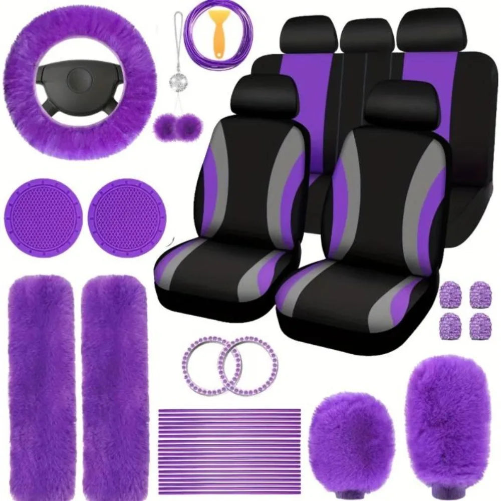 Fluffy Cute Women Car Accessories Set 45pcs Blue Steering Wheel Cover Seat Belt Handbrake Gear Shift Covers Great Gift
