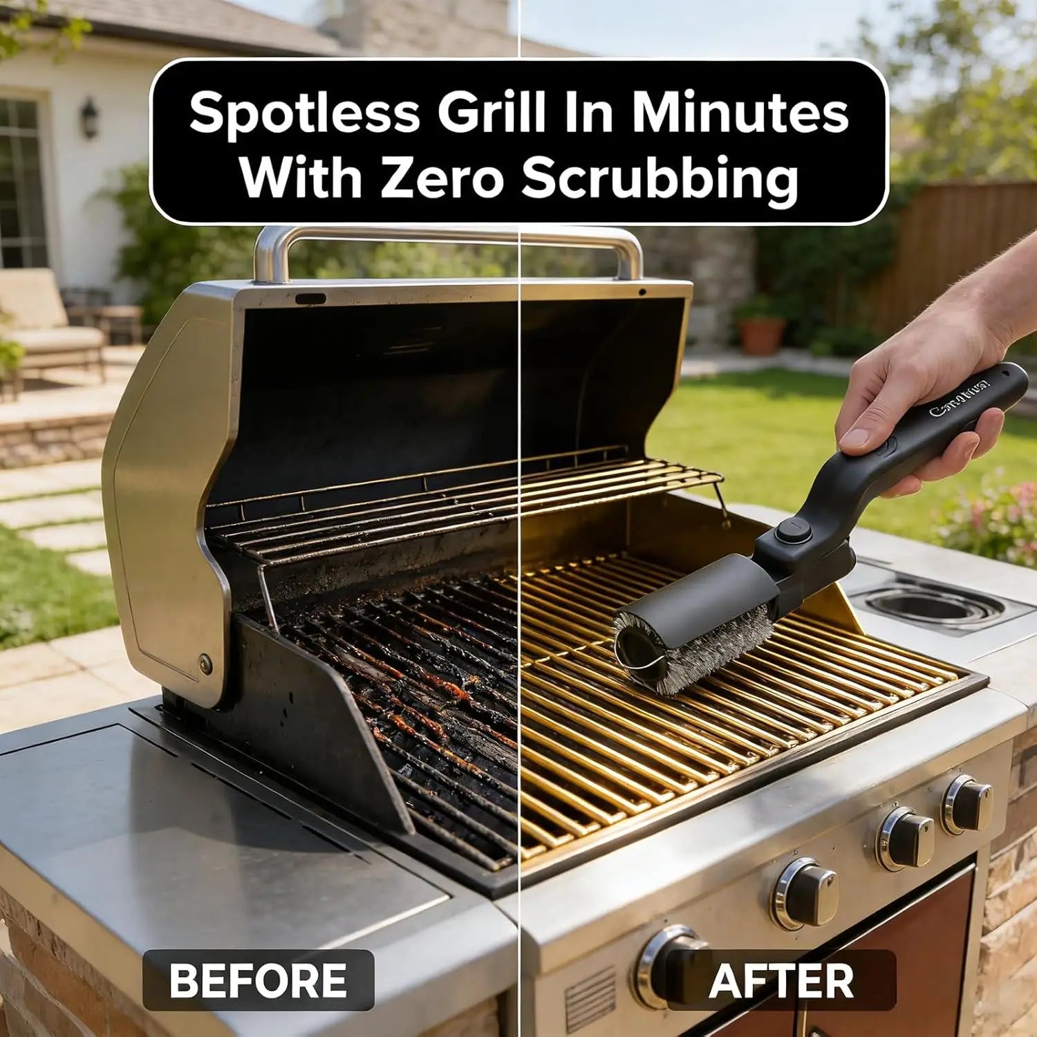 Built-in 4000mAh rechargeable battery with 3 adjustable speed modes. The rotating cleaning head delivers powerful scrubbing force to remove burnt grease, charred residue and food debris on grills without strenuous manual brus