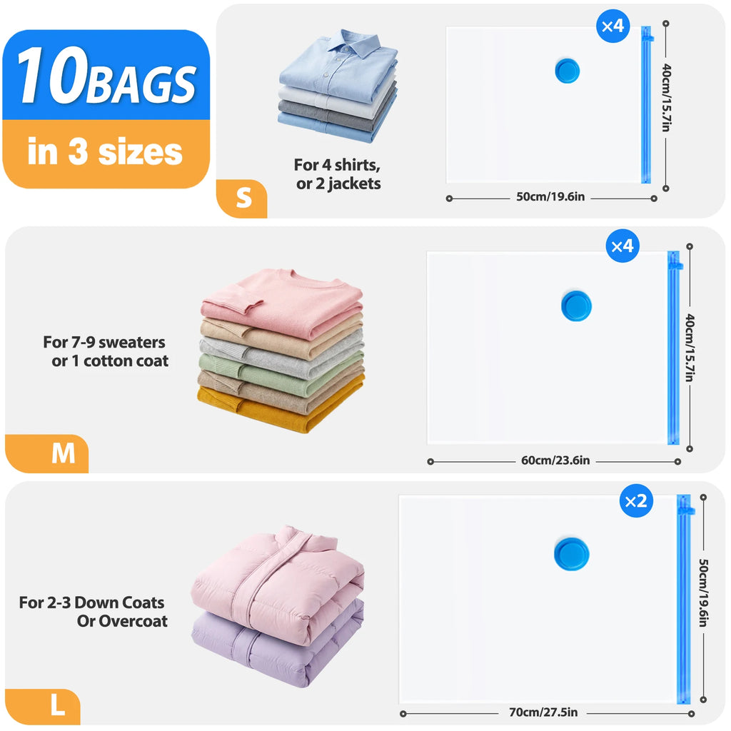 10pcs Vacuum Compression Bags with Rechargeable Wireless Pump, Vacuum Storage Bags Space Saver