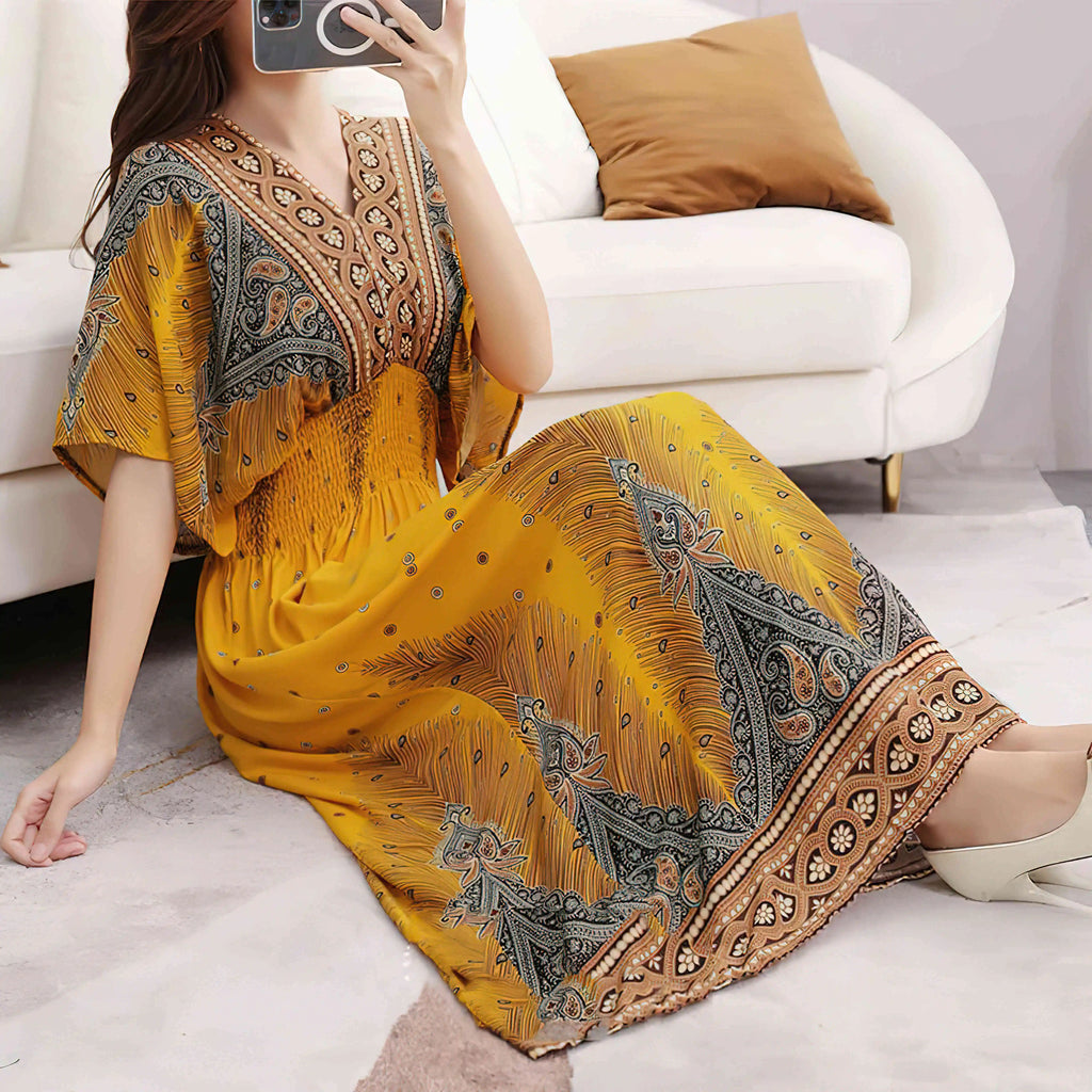 2025 Summer New Casual Elegant Retro Bohemian Style V-neck Elastic Waist Large Swing Printed Long Skirt Autumn Summer Dress
