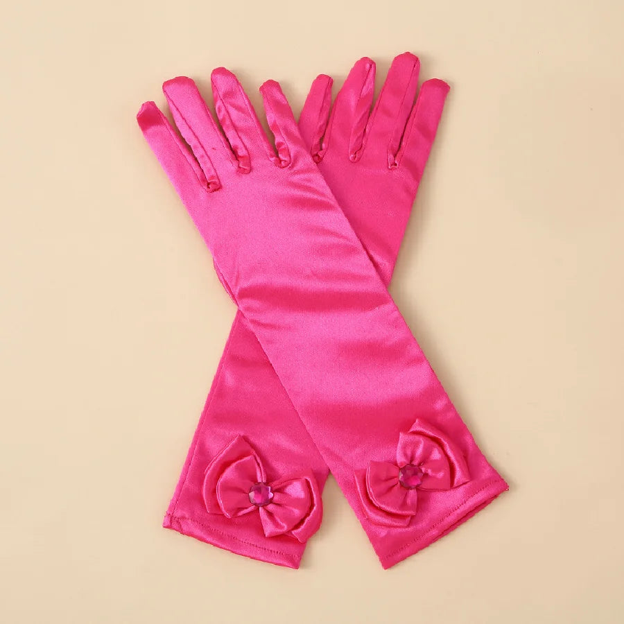 Children's satin princess gloves, girl's butterfly shiny face knot dance performance stage gloves, crystal all finger gloves