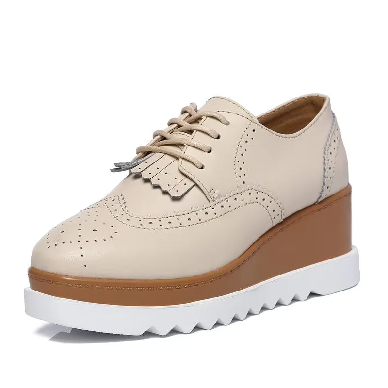 EOFK Spring Autumn Women Derby Platform Flats Brogue Leather Lace up Classic Bullock Footwear Gold Female Oxford Shoes Lady