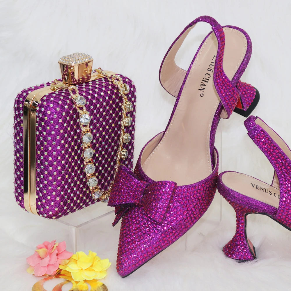 Venus Chan Bridal High Heels for Women 2023 Pointed Toe With Bows Gold Color Rhinestone  Elegant Party Wedding Shoe and Bag Set