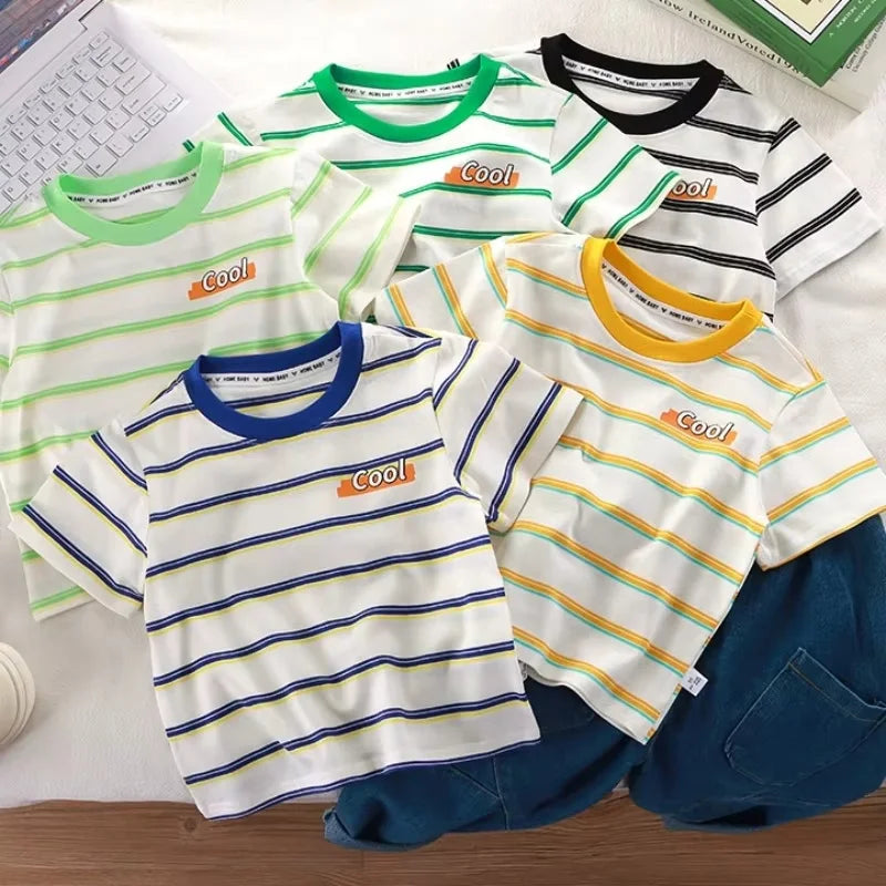 Children's Short-Sleeved Boys Girls 2024 Summer New Striped T-Shirt Baby Thin Section Half-Sleeved Bottoming Shirt Casual Wear