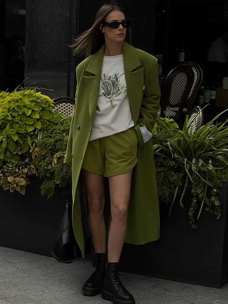  Chic Ladies Woolen Long Overcoat Solid Double-Breasted Lapel Padded Shoulder Loose Coat Women Autumn Winter Street Outerwear