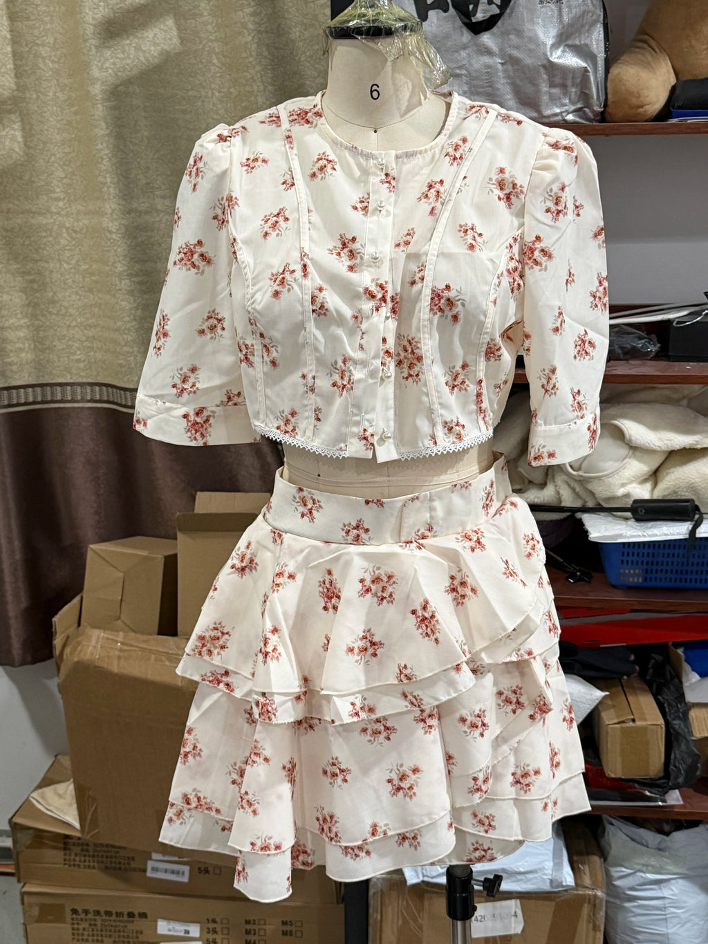 Floral Print Two Piece Set Women Puff Sleeve Crop Top Layered Ruffle Sexy Mini Skirt Sets Lady 2026 Summer Boho Beach Outfit