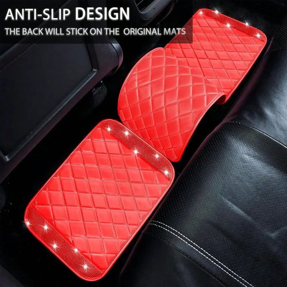 5 Pcs Bling Leather Car Mats, Sparkly Rhinestone Floor Mats, Anti-Slip Waterproof Universal Pads for SUV, Sedan, Van, Women