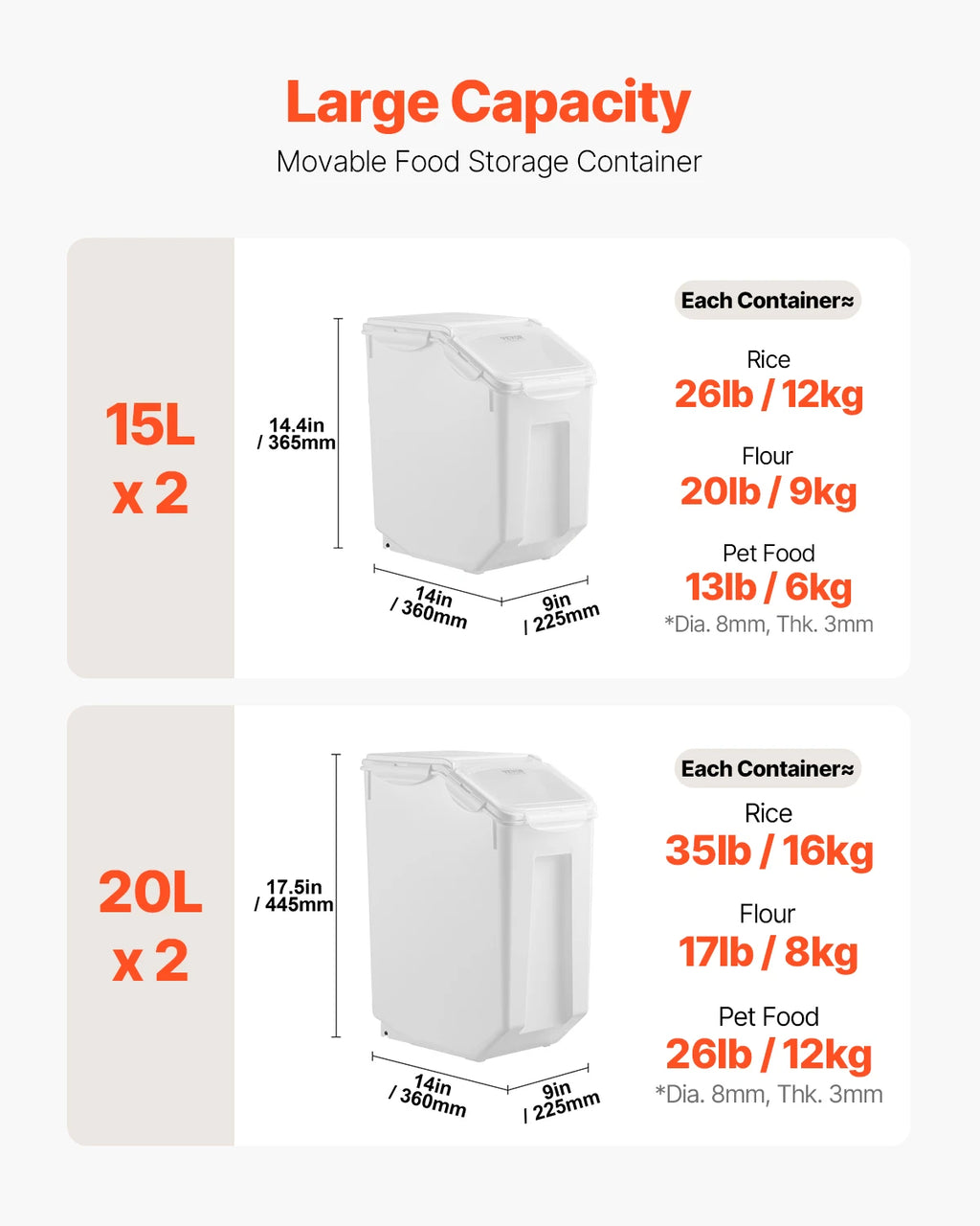 VEVOR 4pcs Rice Storage Container Large Dog Food Dispenser Bin, Kitchen Ingredient Grain Cereal Bin Pet food Containers