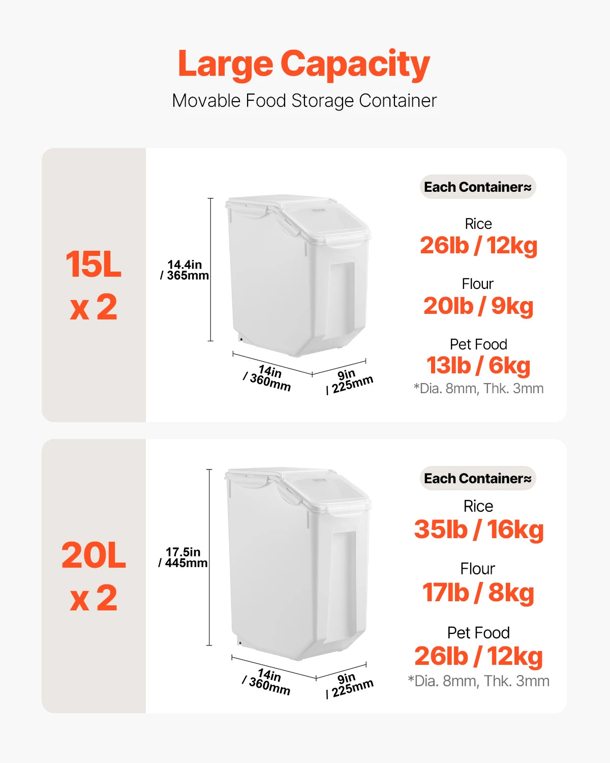 VEVOR 4pcs Rice Storage Container Large Dog Food Dispenser Bin, Kitchen Ingredient Grain Cereal Bin Pet food Containers