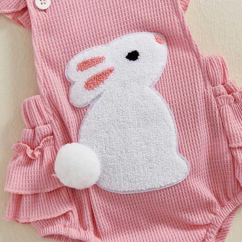 Newborn Baby Girl Easter Outfit Carrot Embroidery Romper Waffle Ruffle Bodysuit Headband Summer Outfit 0-18M
