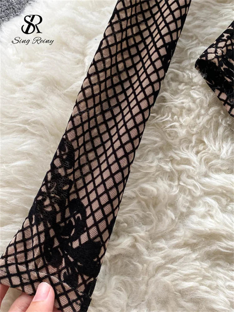 SINGREINY Fashion Summer Velvet Slim Playsuits Long Sleeves Vintage Bodycon Rompers Streetwear Y2K Ins Chic Mesh Sexy Bodysuits