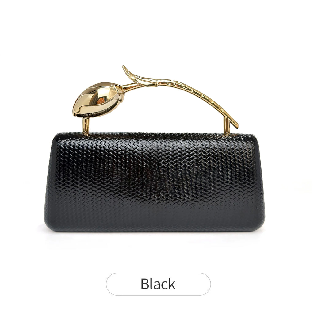 New Classic Gold Women's Evening Bag Luxury Party Chain Crossbody Bag with Rose Shaped Handle Wedding Clutch a Great Gift for Wo