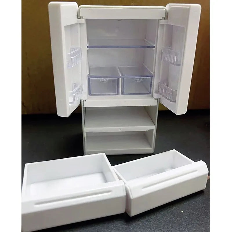 Miniature Refrigerator with Lighting 1:12 Double Door Mini Home Appliance Model Kitchen Scene Playing House Simulation Food Play