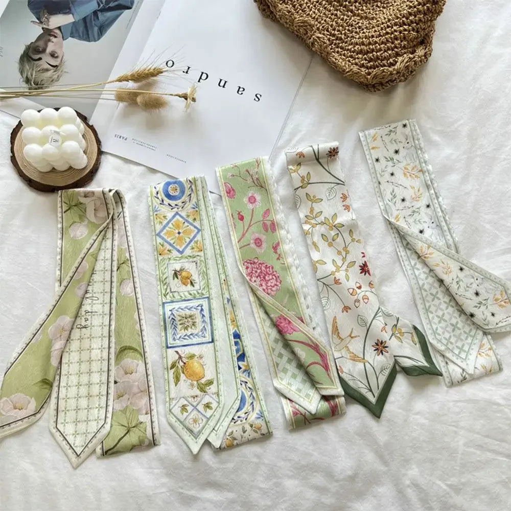 Summer Versatile Satin Silk Ribbon Scarf Long Thin Narrow Bag Strap Fresh Floral Hair Tie for Women