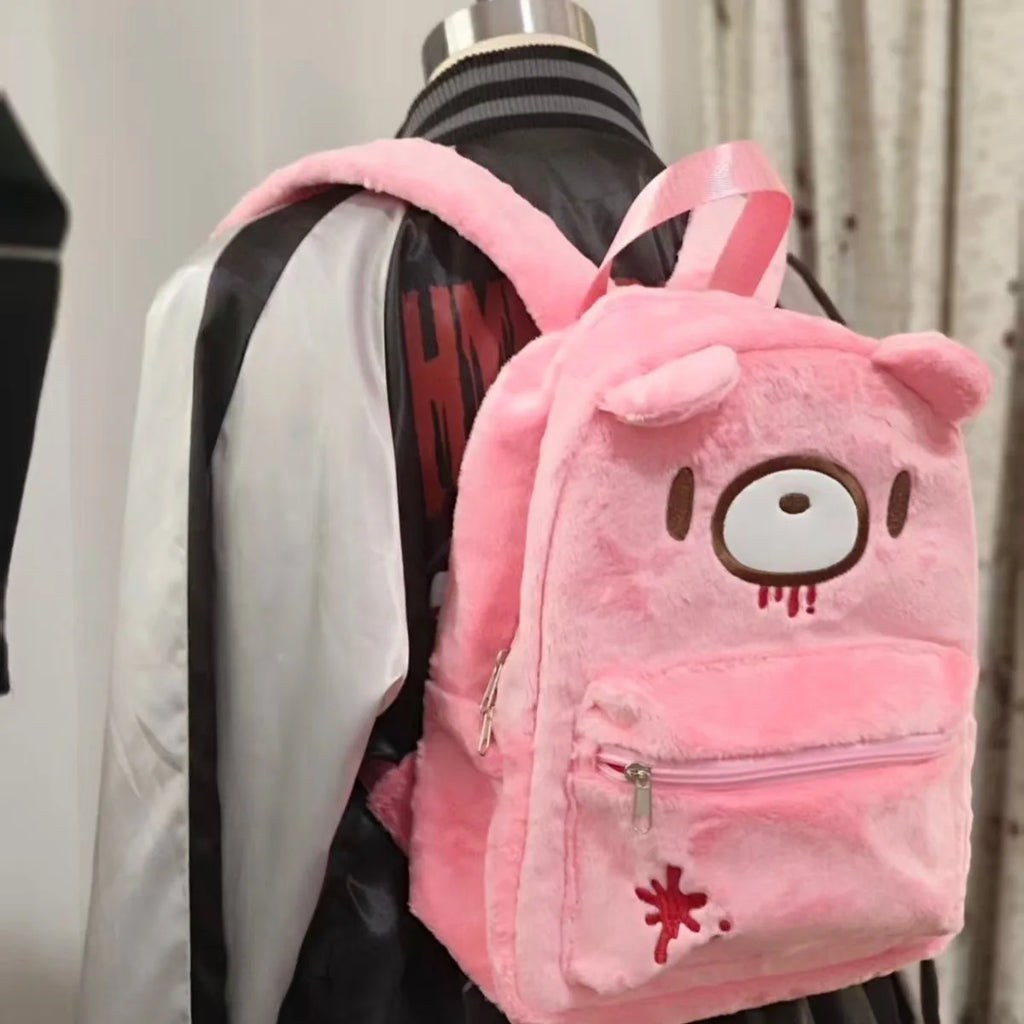 Y2K Pink Plush Bear Backpack Kawaii Creepy Cute Doll Bag Goth Punk Stuffed Animal Rucksack Women Girls Harajuku Streetwear Gift