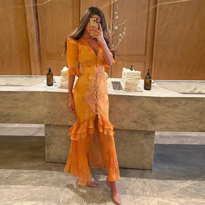 Women Chic V-neck Belte Slit Flower Print Maxi Dress Ruffle Trim High Chiffon Dresses 2026 Summer Fashion Party Vacation Robe