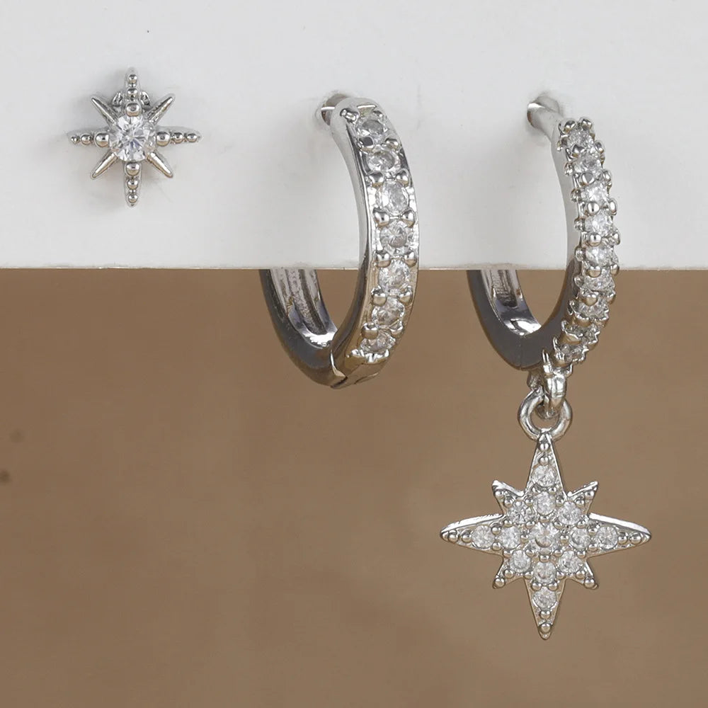3PCS Gold Color Star Earrings Set for Women Zircon Pendant Stainless Steel Hoop Earring Trend Wedding Jewelry pendientes mujer