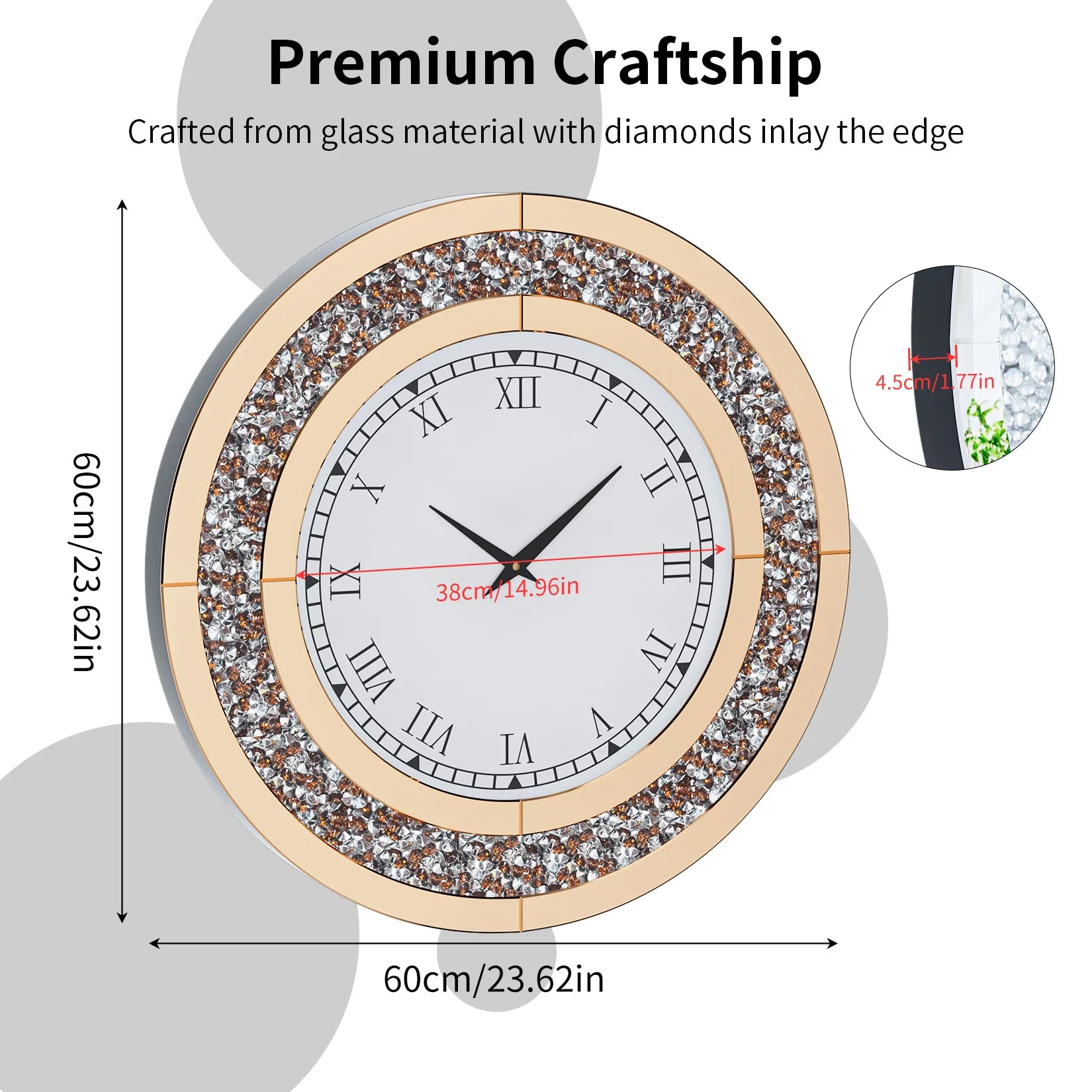 Silver,Tawny Tinted Round Mirror ,24inch Crystal Sparkle Twinkle Bling Crush Diamond Large Mirrored Wall Clock for Living Room