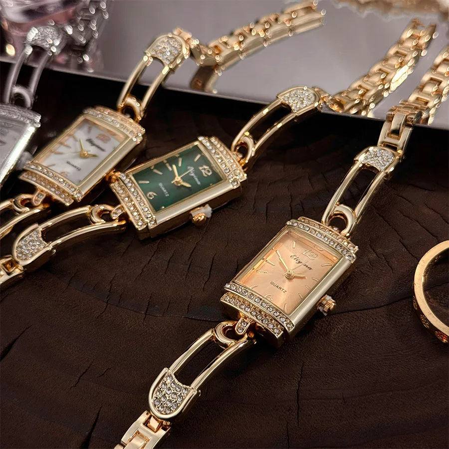 New Fashion Pin Quartz Women's Watch Luxury Minimalist High-End Round Arc Glass Diamond-Encrusted Square Wristwatch