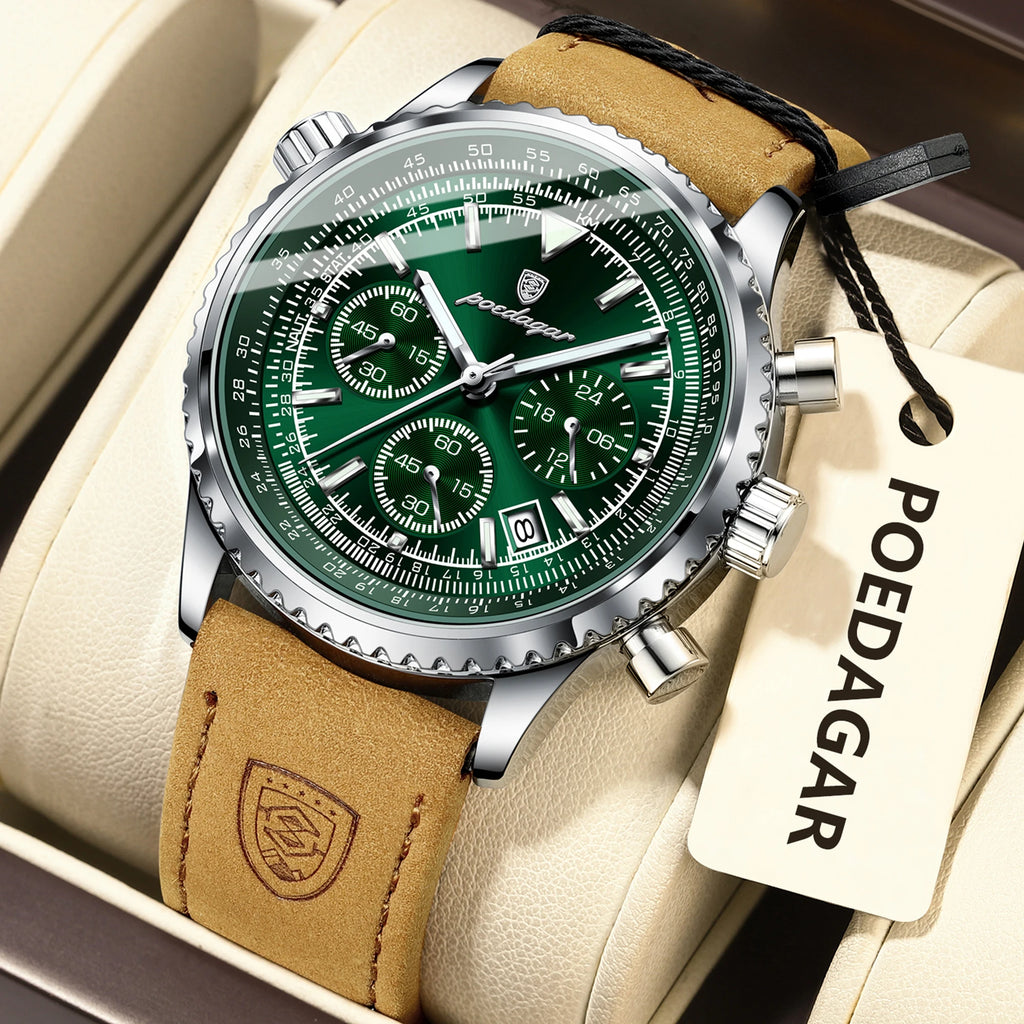 POEDAGAR Luxury Business Men's Watch Waterproof Luminous Date Chronograph Leather Man Clock Fashion Quartz Watches For Men Reloj