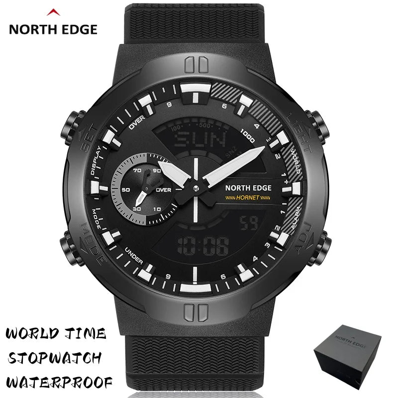NORTH EDGE Watch for Man HORNET Speed Meter Dual Display World Time Alarm Clock Trend Silicone Strap Waterproof Men Watch Reloj