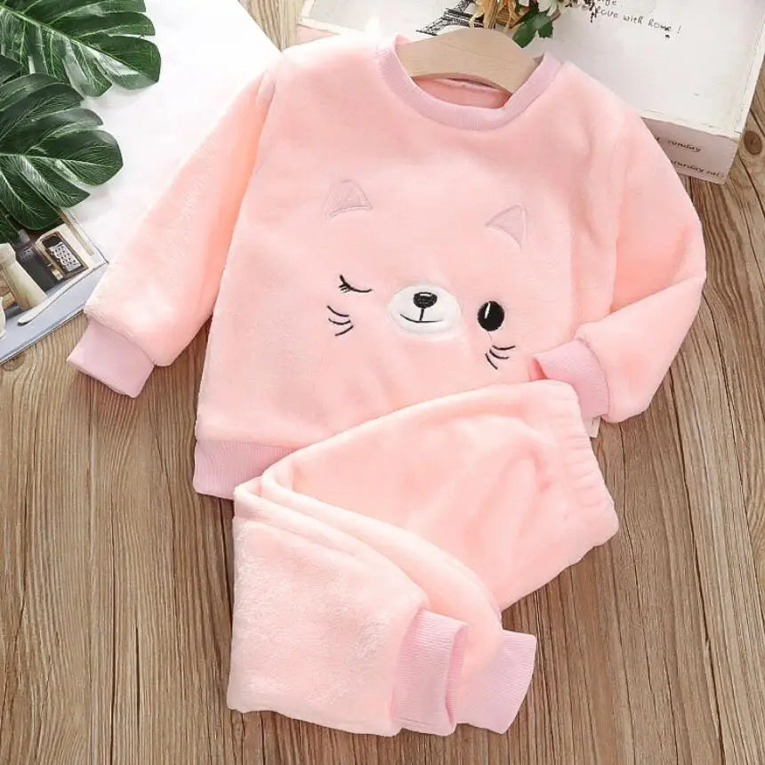 Boys Coral Fleece Pajama Sets Plus Velvet Thick Flannel Homewear Children Winter Warm Sleepwear Suit 2Pcs Girls Pantsuit