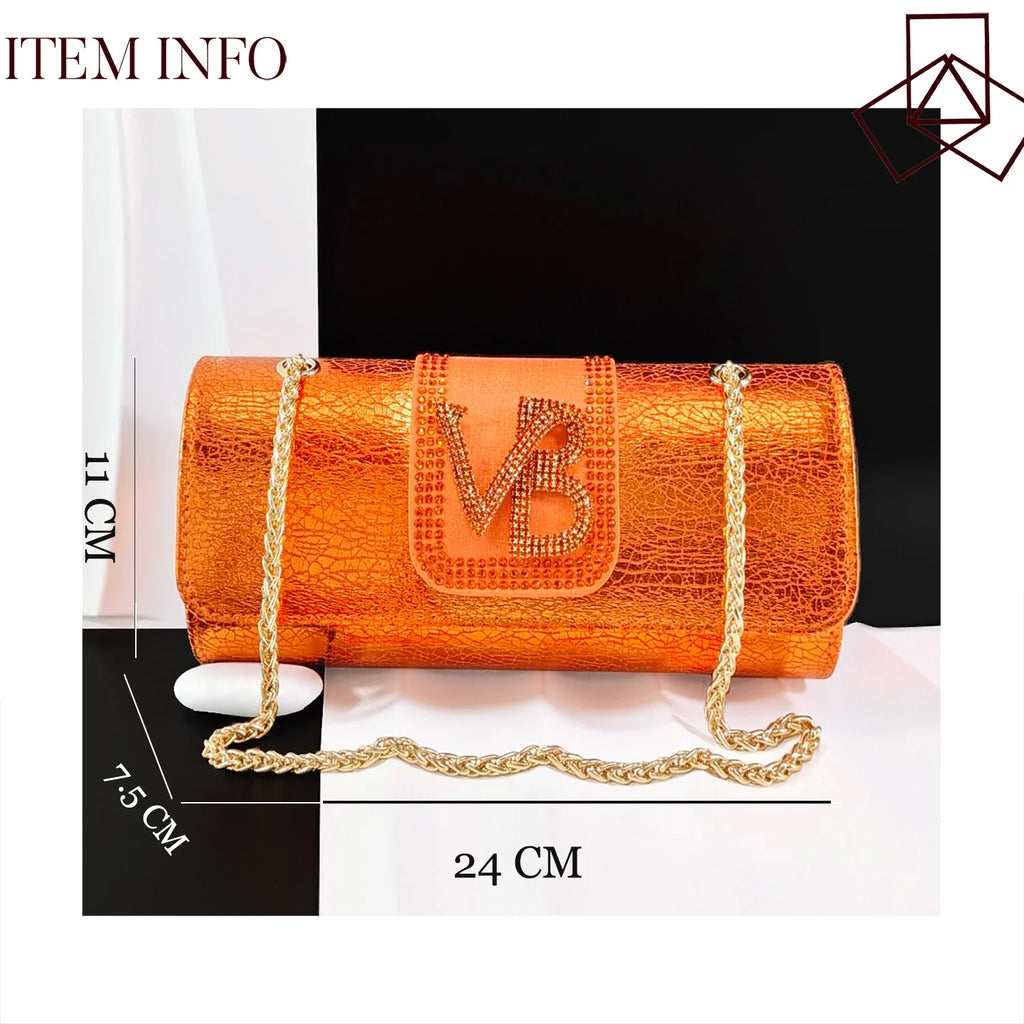 2026 Orange Slingback Shoe & Bag Set Rhinestone VB Letter Decor Pointed Toe High Heels for Wedding Evening Party Occasions
