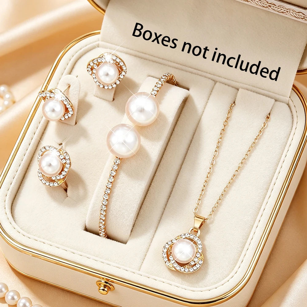 5pcs Temperament Simple Chain Imitation Pearl Pendant Necklace Earring Bracelet Ring, Wedding Travel Jewelry Set Accessory Gift