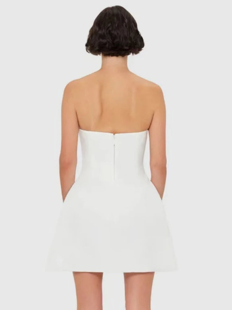 Sexy Strapless Embroidered Floral Mini Dress Women White Sleeveless Backless Flowers A-line Dresses Evening Party Cocktail Gowns