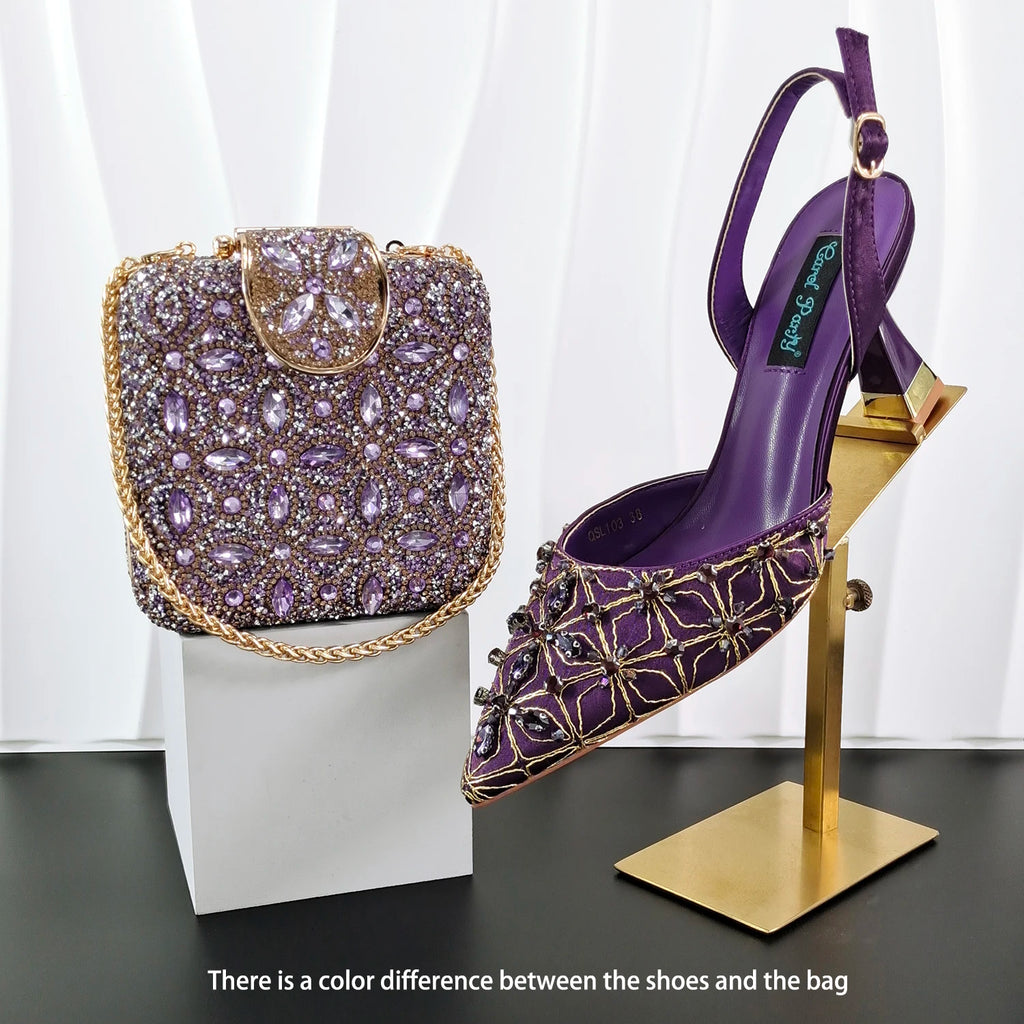 Elegant Full High Quality Diamond Design Olive Color Italian Women's Shoe and Handbag Set for Weddings and Special Occasions