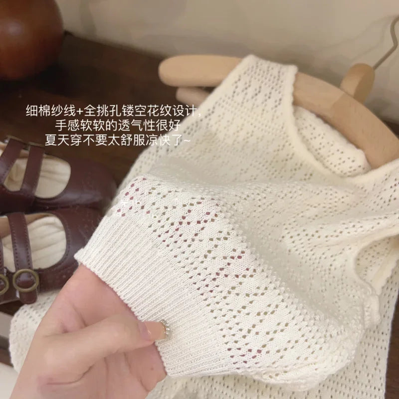 Girls Summer Clothing Set New Kids Knitted Hollow Lace Suit Girl Fashion Breathable Vest + Wide Leg Pants Outfits Children Sets