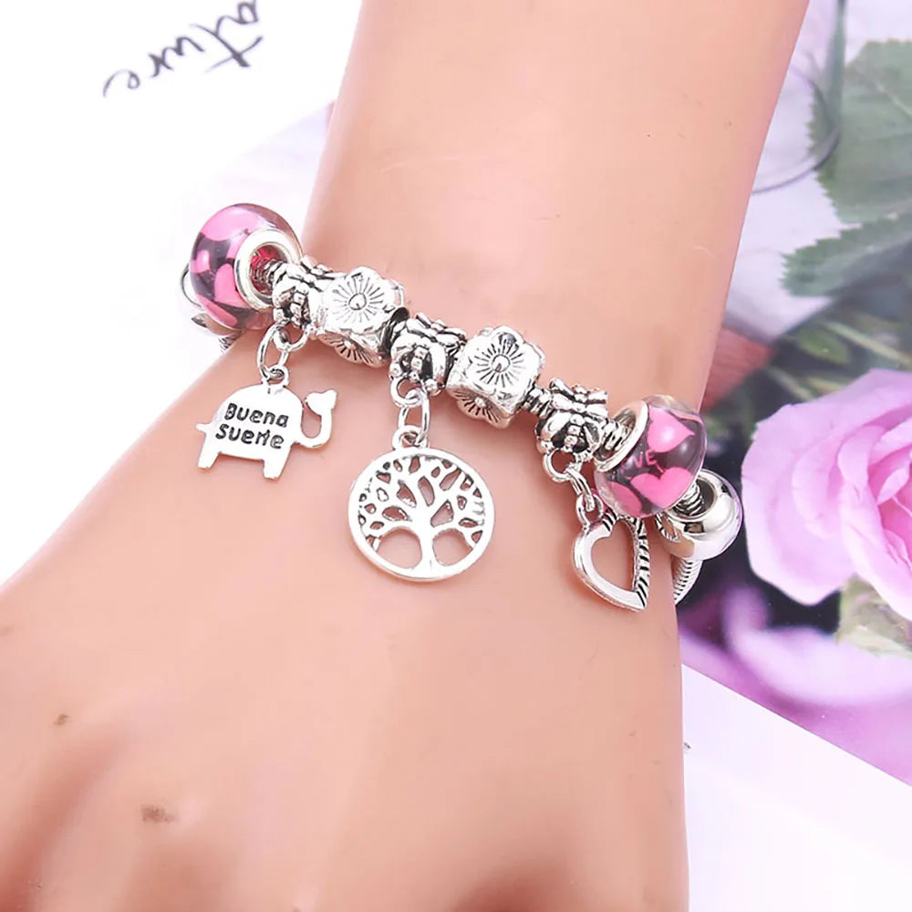 Pink Charm Bangle Lobster Buckle Snake Chain Beaded Bangles For Women Summer Romantic Gift Fashion Butterfly Bracelet Jewelry