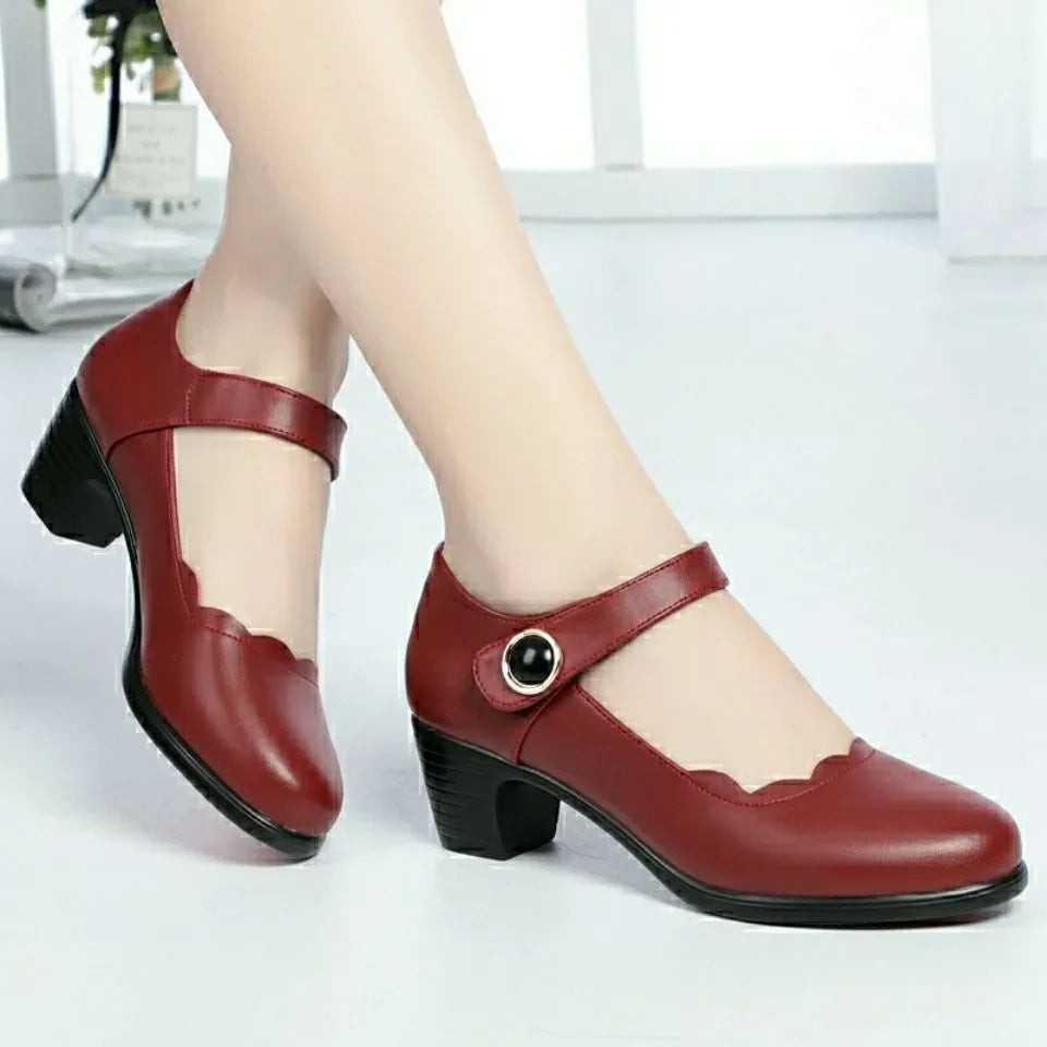 Women Fashion Black Pu Leather Office Square Heel Pumps Lady Casual Sweet Light Weight Comfort Spring Summer Heel Shoes H1173