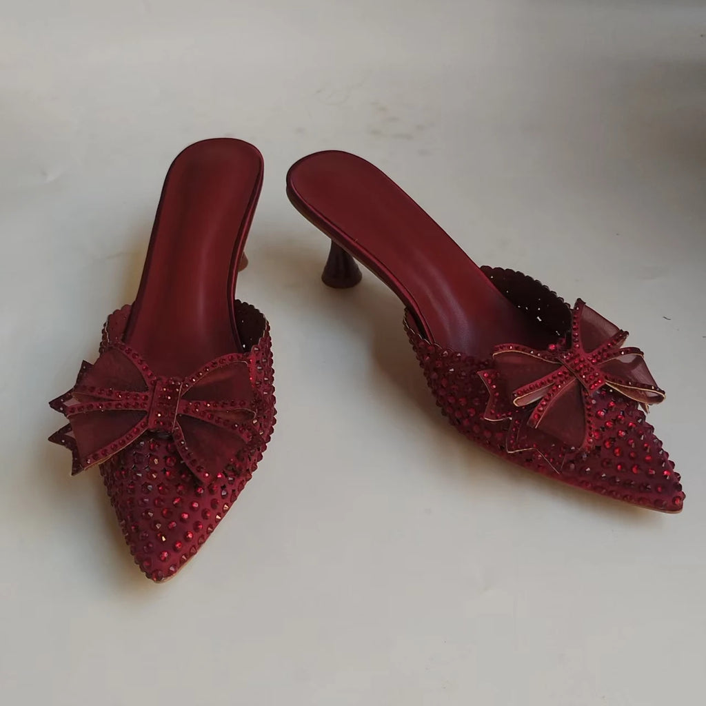 Insightlink Burgundy Rhinestone Slingback Heels Cocktail Glass Clutch Set Crystal Pointed Toe Shoes Bag for Party Wedding